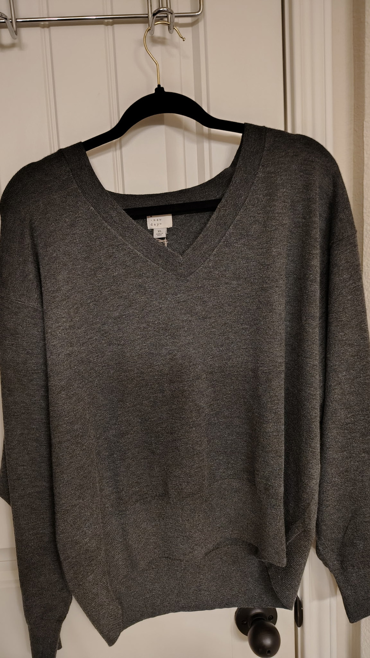 Gray V Neck Sweater Oversized Drop Shoulder Size XL